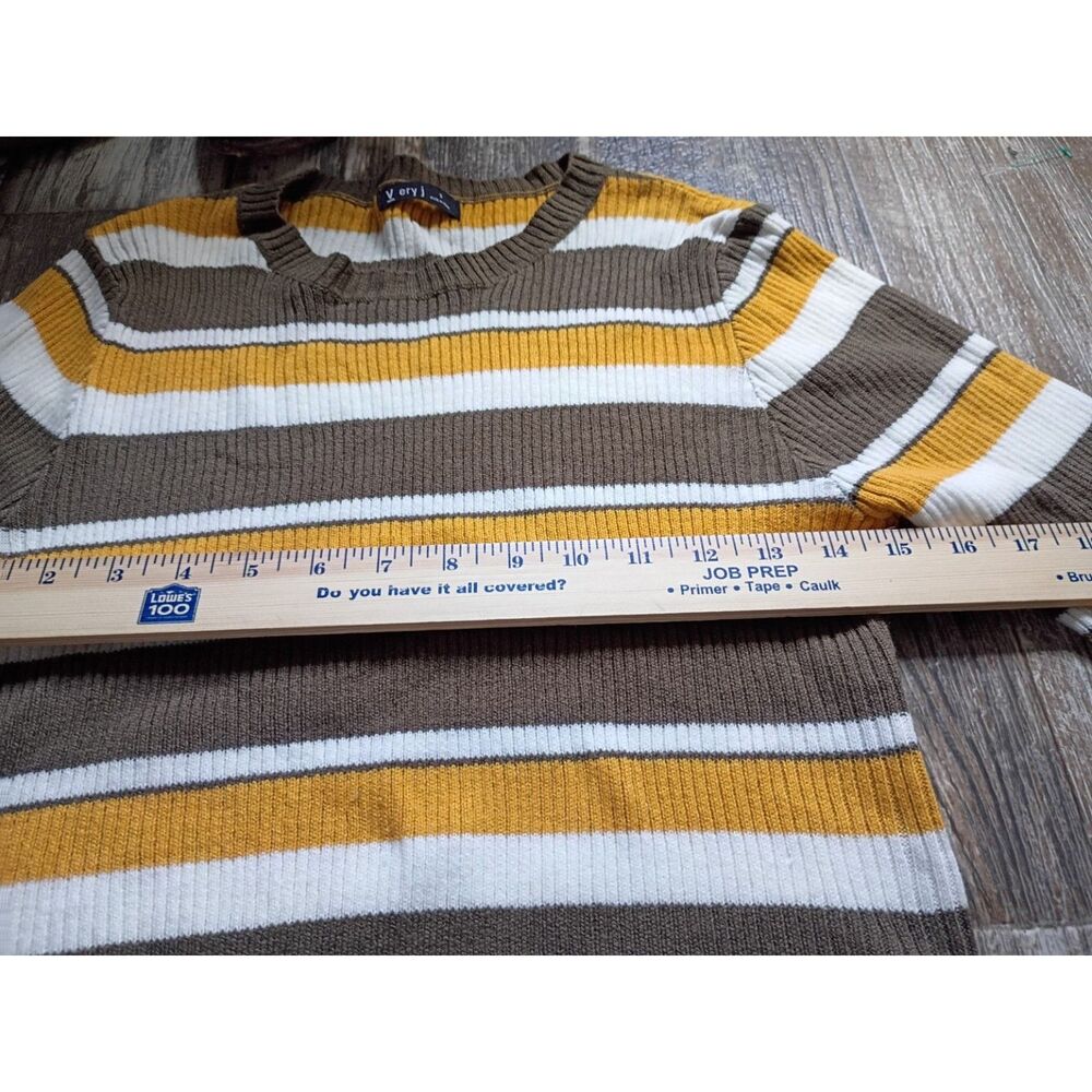 Very J Women's Small Striped Sweater Ruffle Bell Sleeve Brown Mustard White - Picture 6 of 7